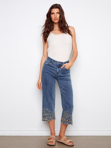 miiiickey♡ Cropped Wide Leg Stretch Denim Pants with Gold Flower Embroidery