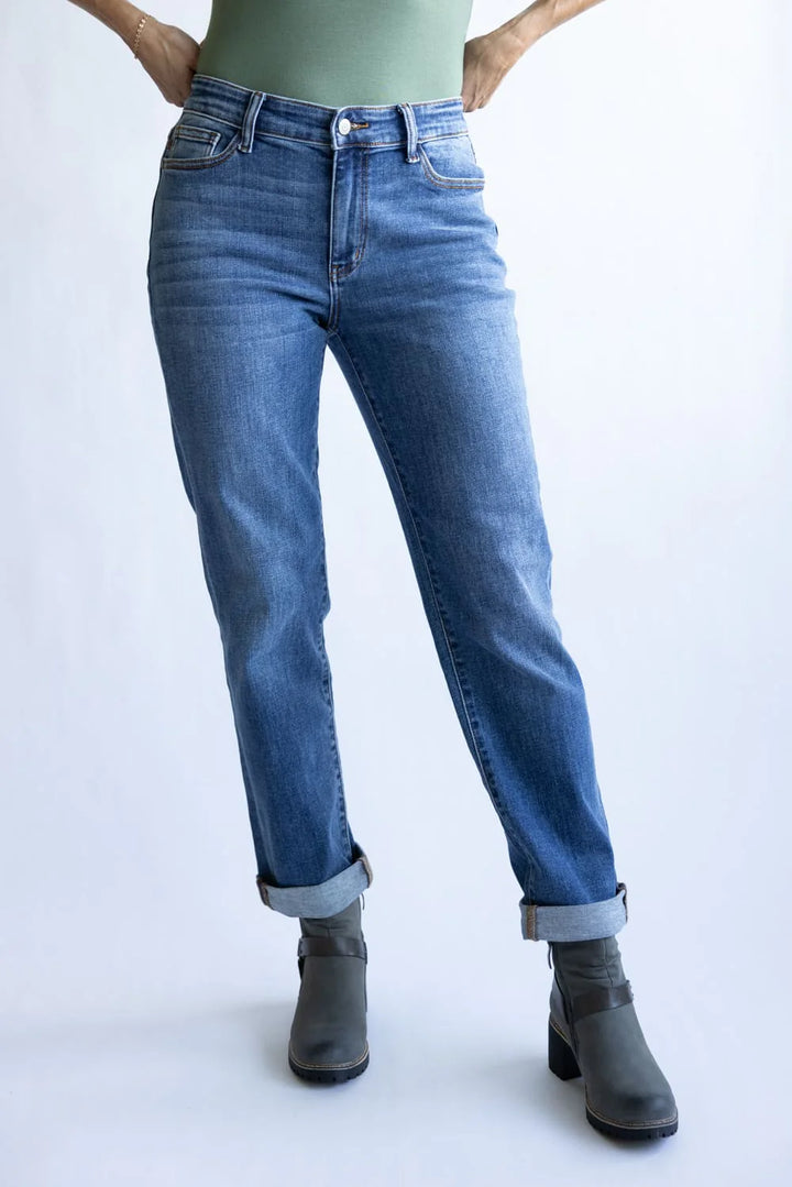 Med Rise Clean Cuffed Boyfriend Jeans