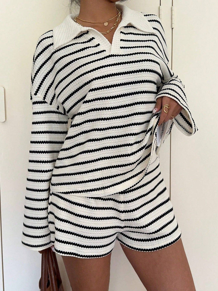 Striped Polo Lounge Set Resort Textured Collared Oversized in Apricot
