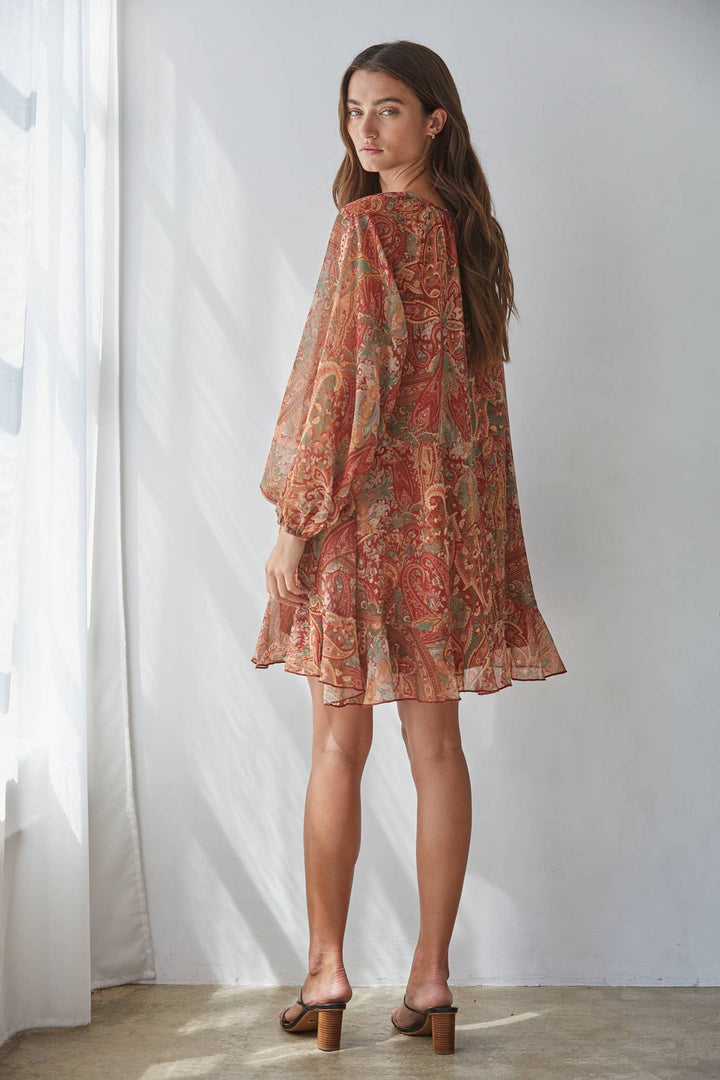 Woven Polyester Paisley Print Layered Mini Dress