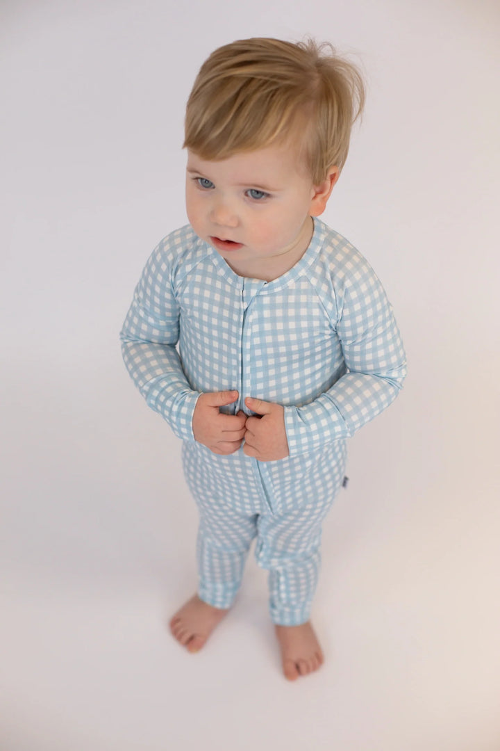 Long Sleeve Zip Pajamas in Cottage Blue Gingham