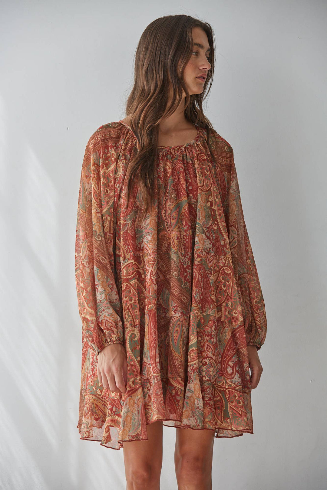 Woven Polyester Paisley Print Layered Mini Dress