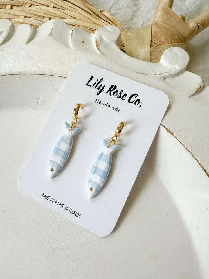 Blue Gingham Fish Clay Earrings