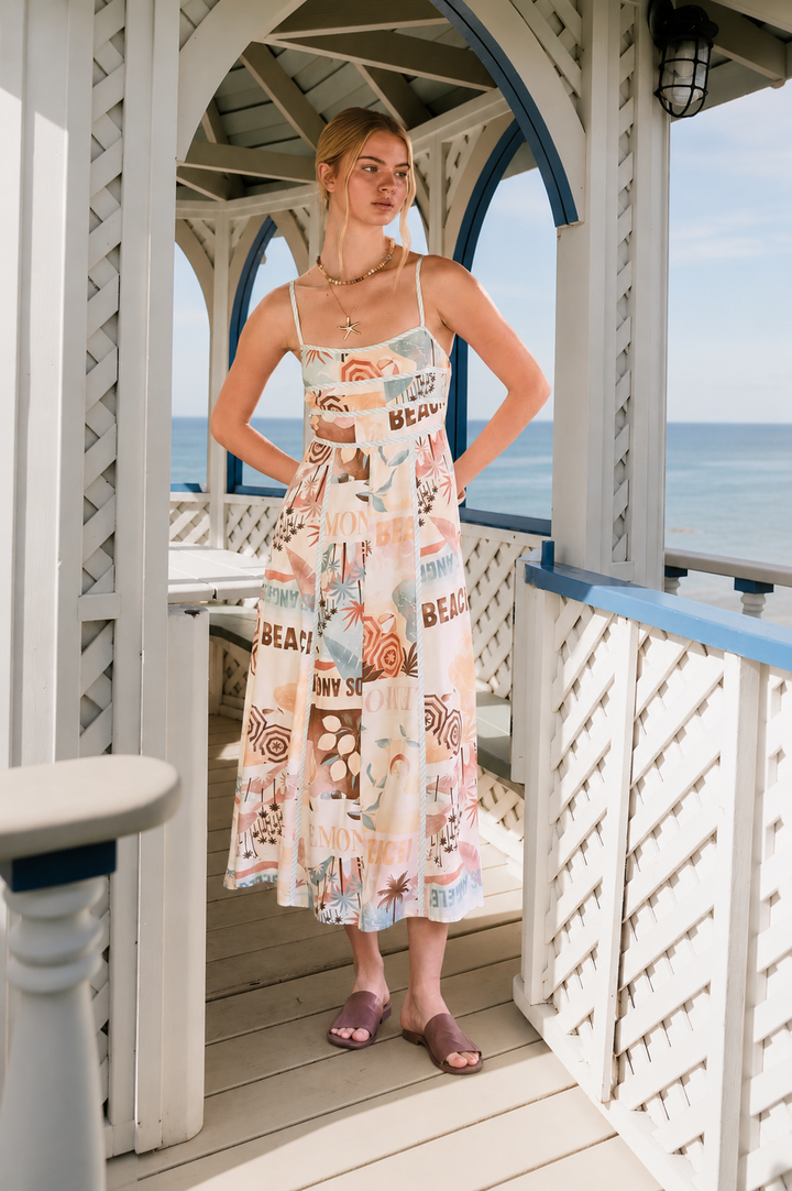 Beach Graphic Contrast Binding Midi Dress
