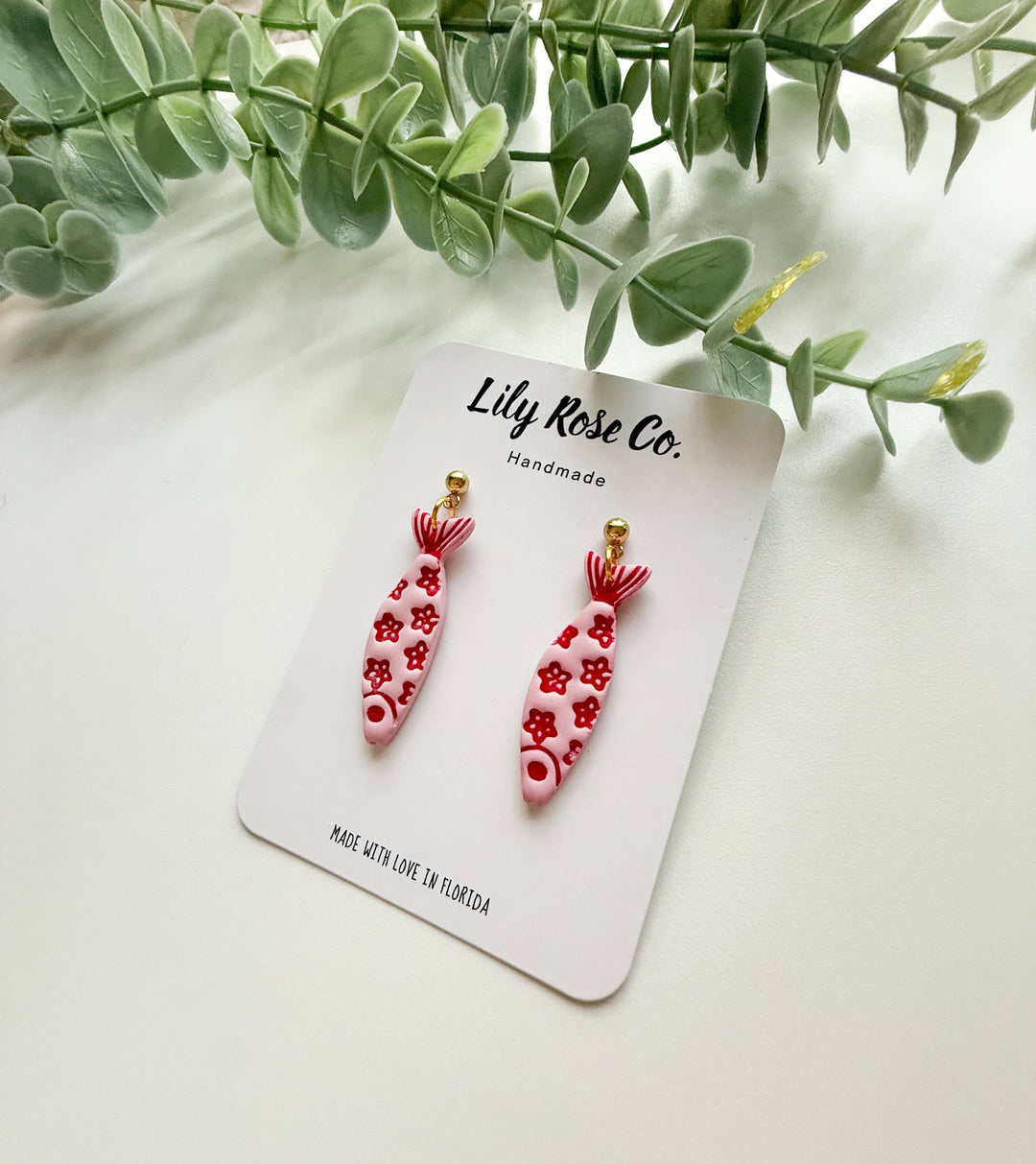 Coastal Fish Clay Earrings in Pink and Red