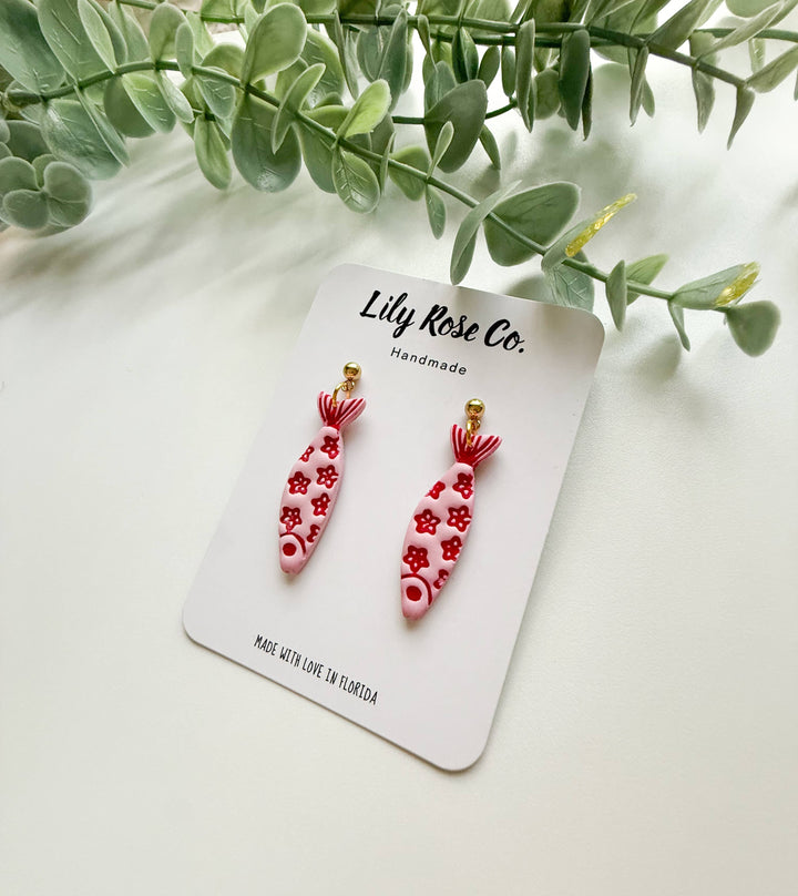 Coastal Fish Clay Earrings in Pink and Red
