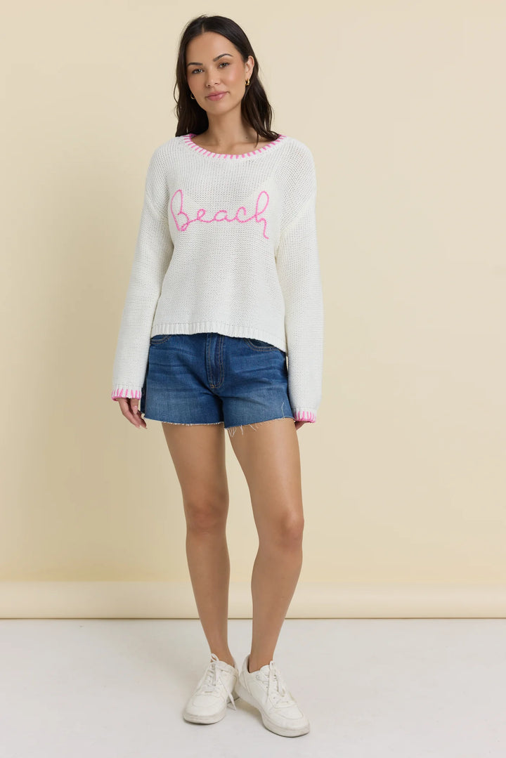 Ivory with Hot Pink Beach Sweater with Whip Stitch