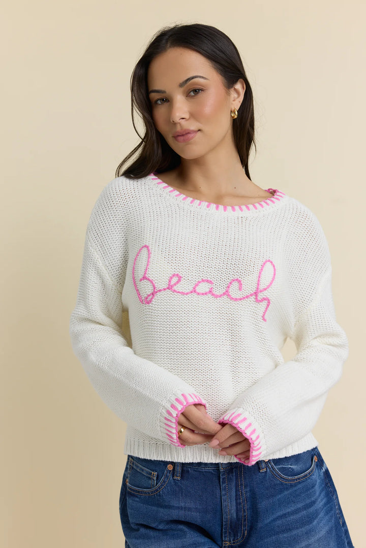 Ivory with Hot Pink Beach Sweater with Whip Stitch