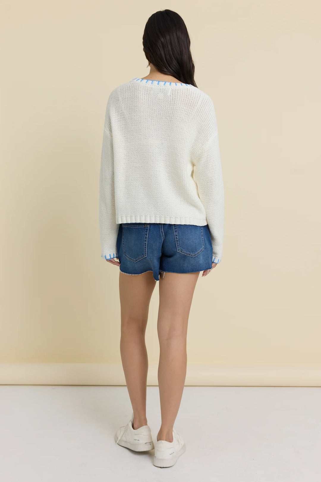 Ivory with Hot Pink Beach Sweater with Whip Stitch