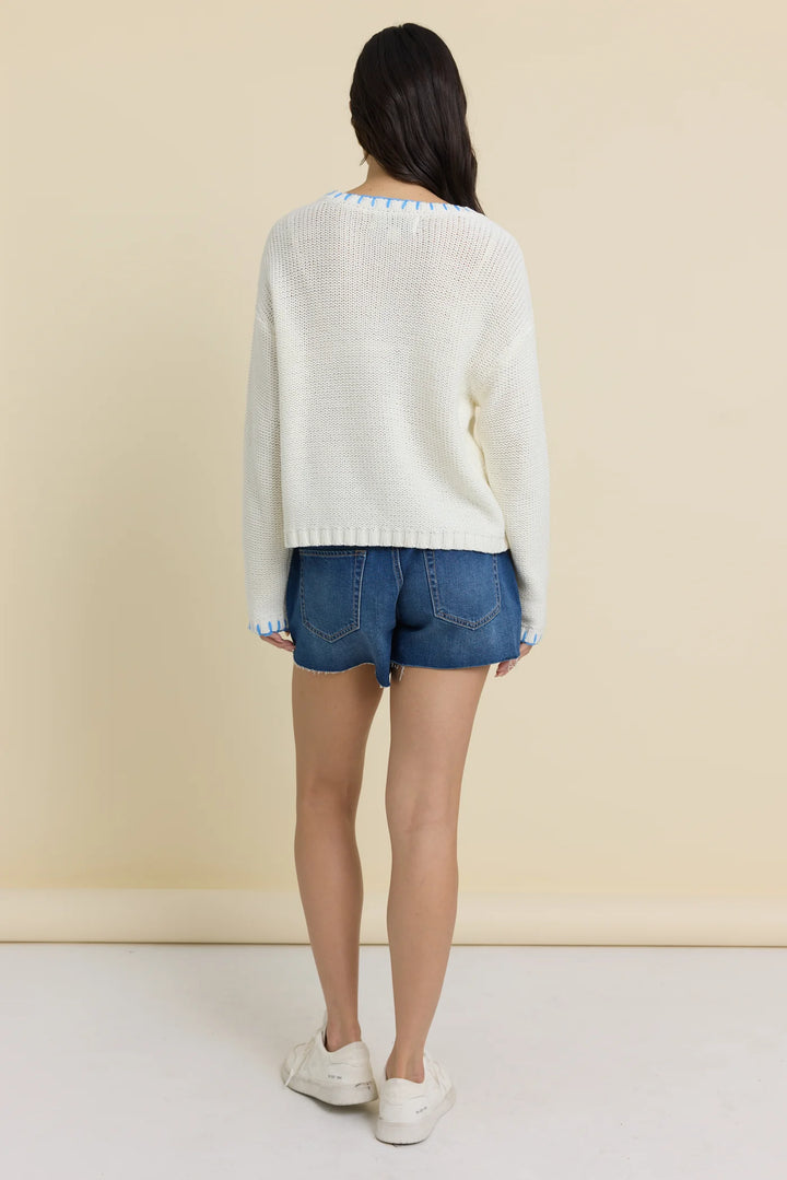 Ivory with Hot Pink Beach Sweater with Whip Stitch