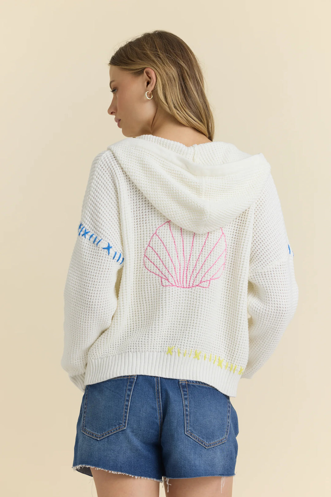 Ivory with Multi Zip Up Sweater with Embroidery