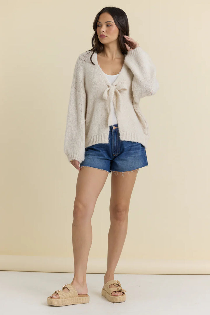 Ecru with Hot Pink Tie Front "Beach Club" Sweater
