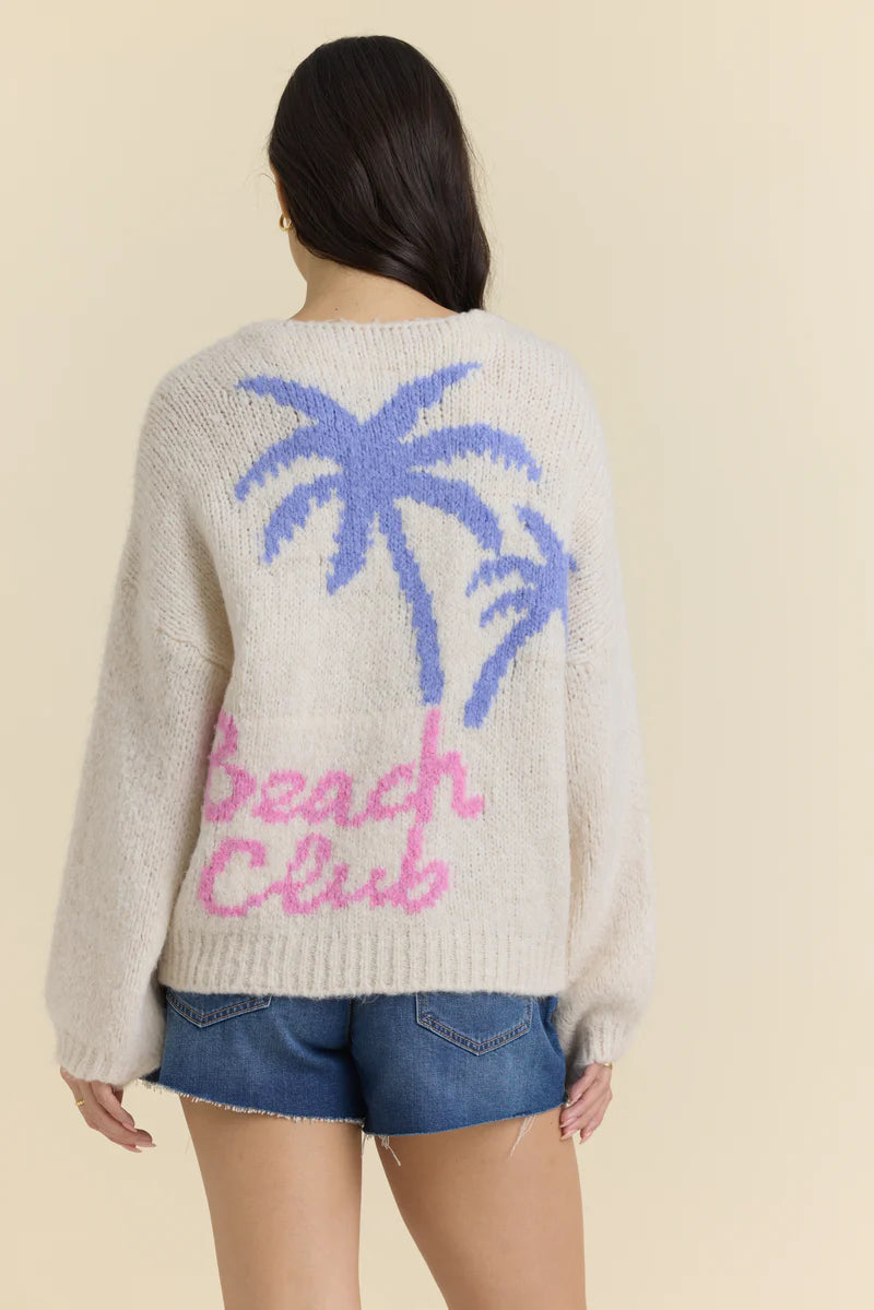 Ecru with Hot Pink Tie Front "Beach Club" Sweater