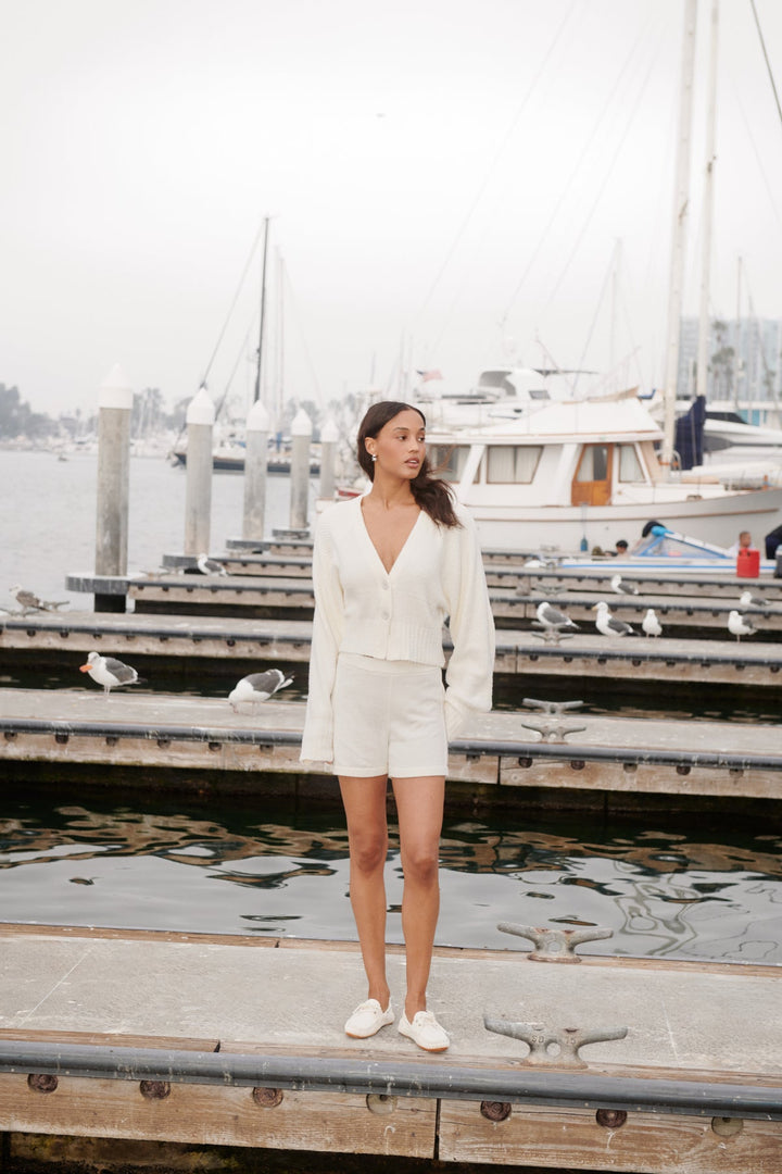 Cozy Chic Lite Cotton Ribbed Button Front Cardigan in Pearl