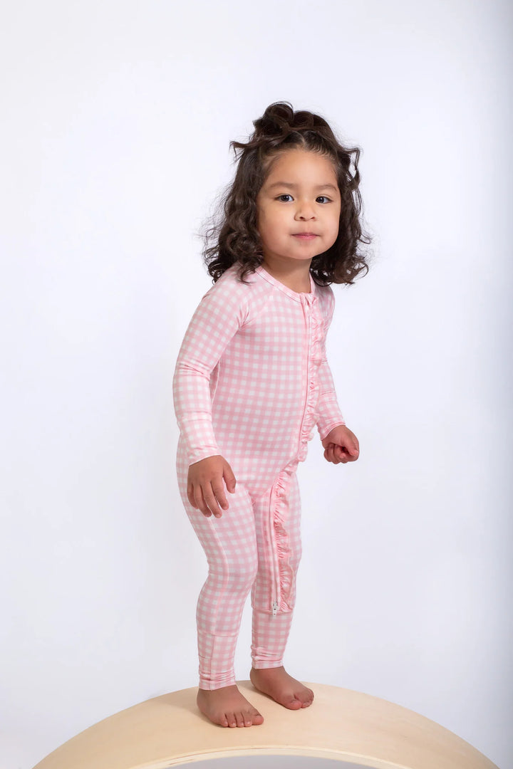 Long Sleeve Zip Pajamas in Cottage Pink Gingham