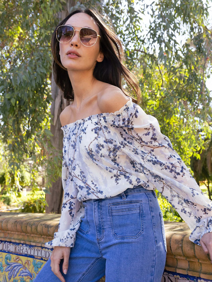 Printed Eyelet Long Ragloon Balloon Sleeve Off Shoulder Blouse