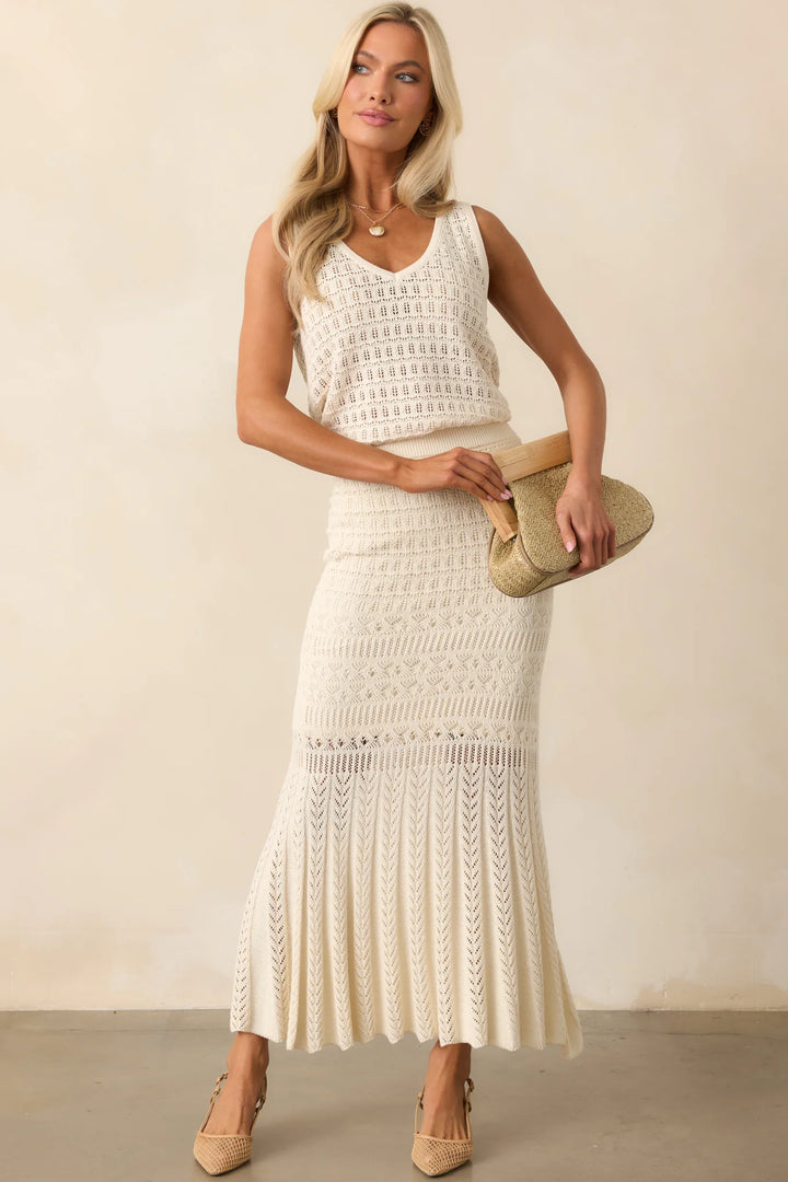 Beige Soria Crochet Midi Skirt