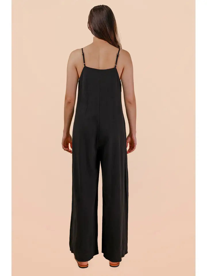 Pleated Solid Woven Sleeveless Jumpsuit in Black