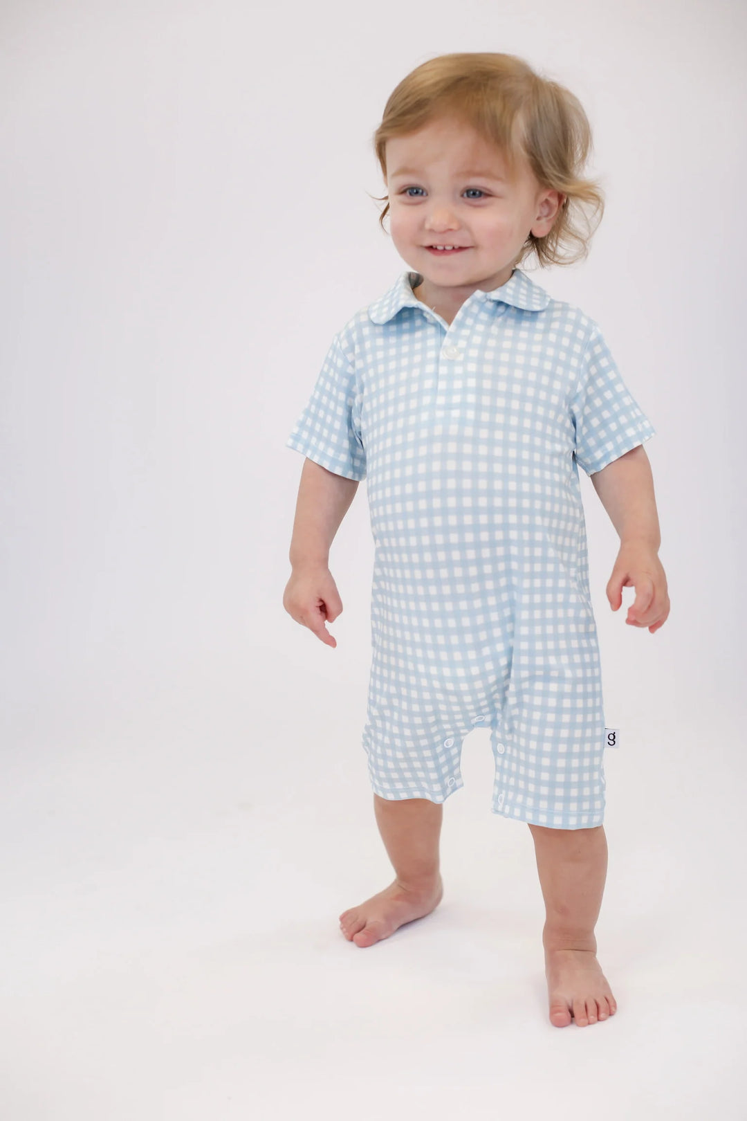 Polo Romper - Gingham in Cottage Blue