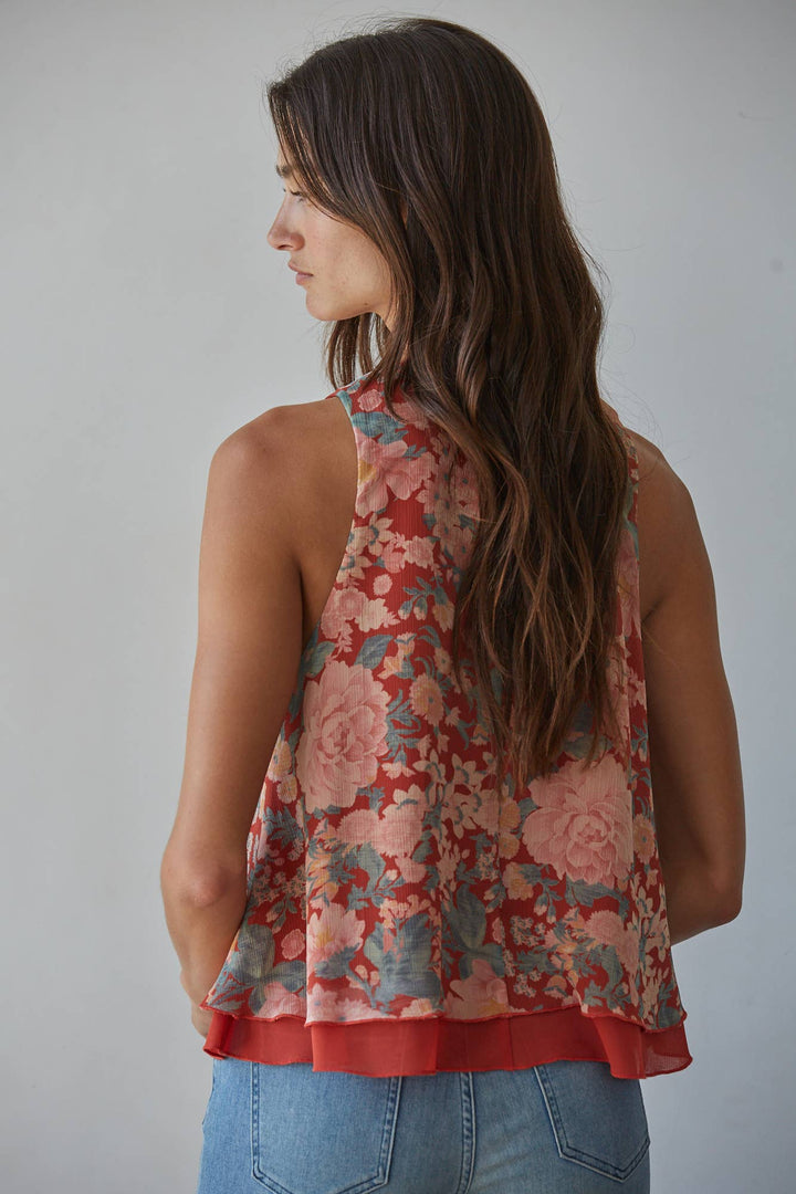 Woven Polyester Chiffon Floral Print Sleeveless Top