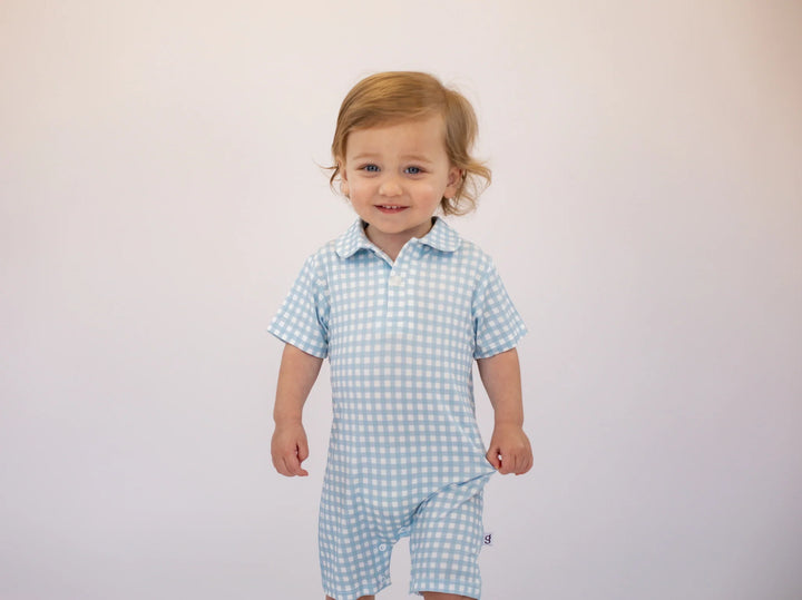 Polo Romper - Gingham in Cottage Blue