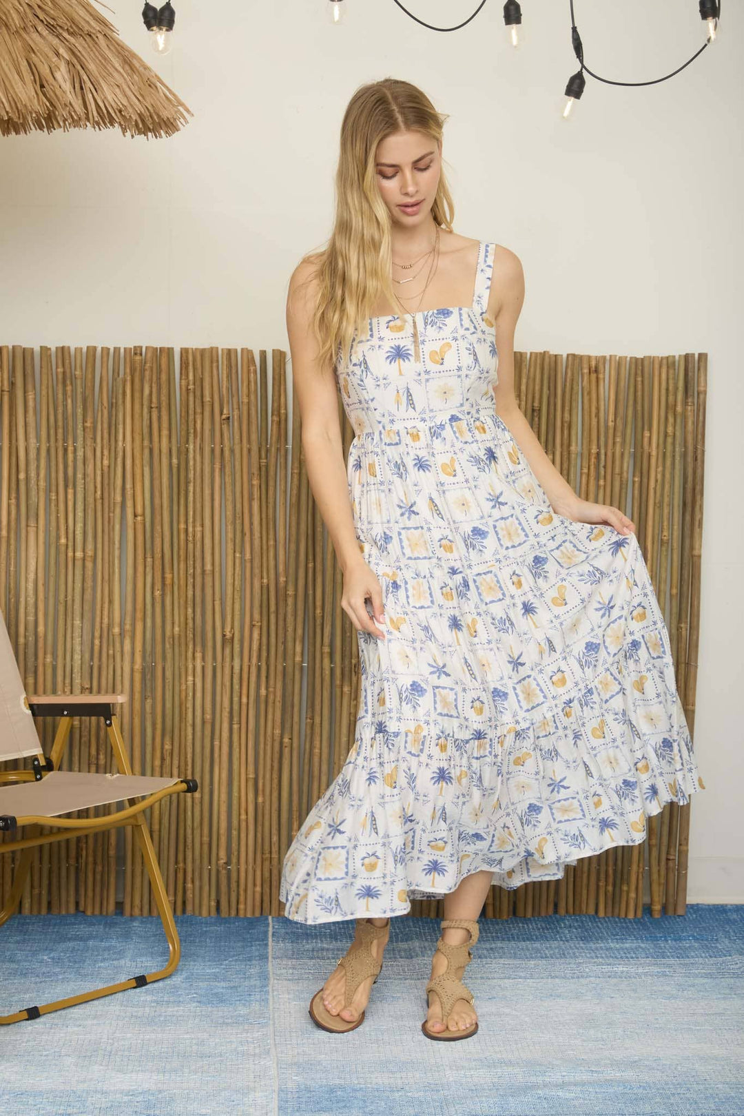 Paradise Motif Spaghetti Strap Tiered Midi Dress