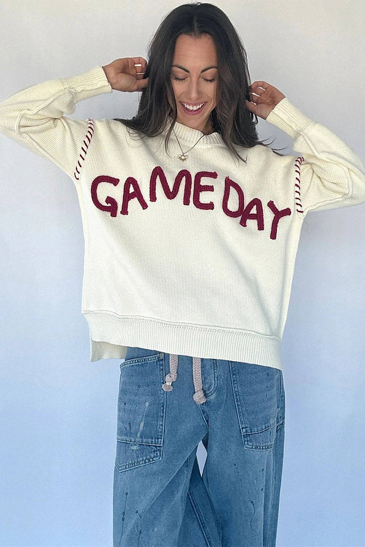 Drop Shoulder Game Day Letter Print Pullover Sweater