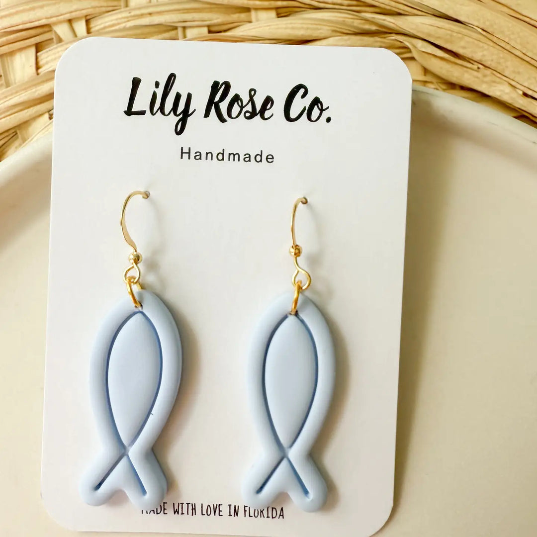 Christian Fish Symbol Clay Earrings in Blue