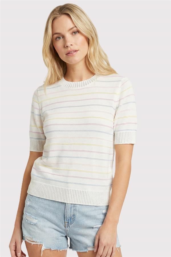 Briella Pointelle Striped Short Sleeve Sweater