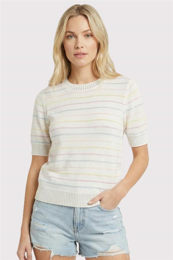 Briella Pointelle Striped Short Sleeve Sweater