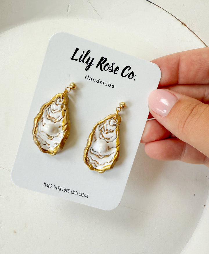 Oyster and Pearl Clay Earrings in Gold and White