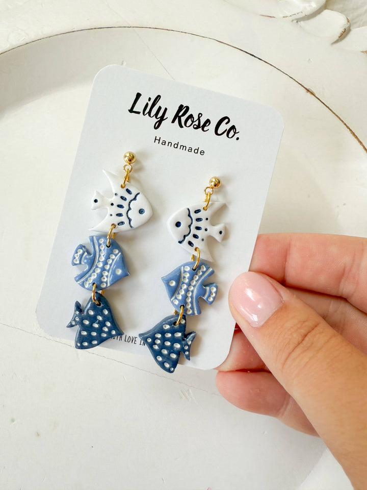 Fish 3 Tier Clay Earrings in Blue and White