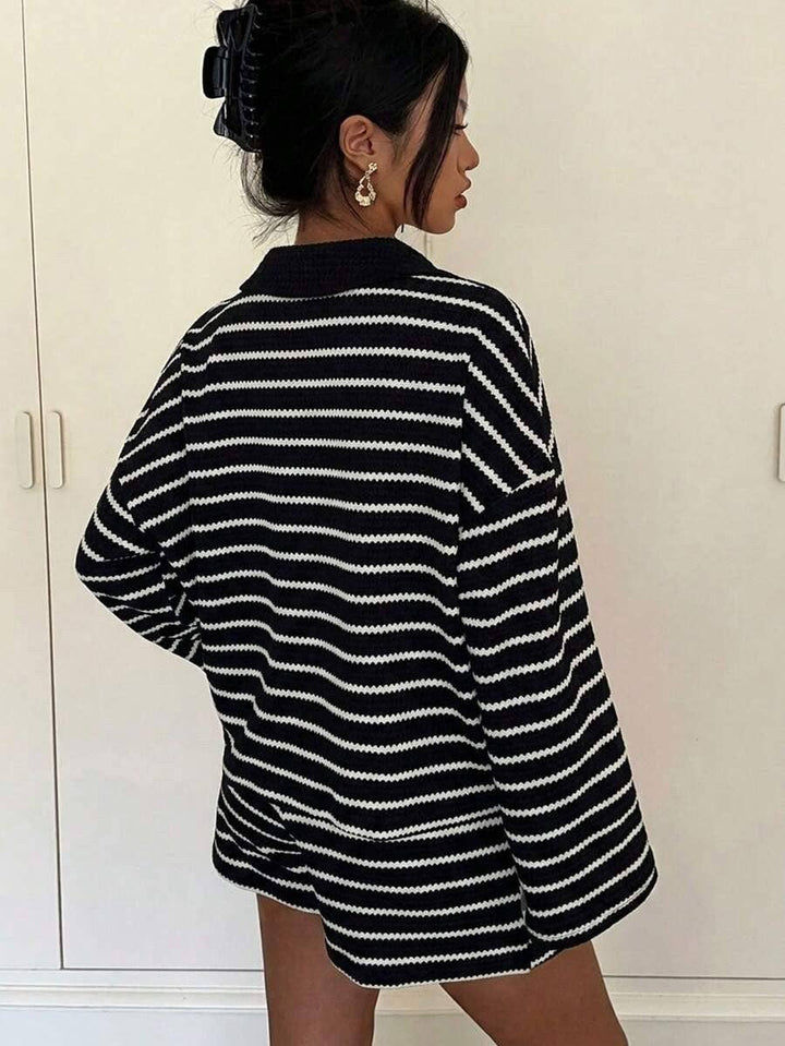 Striped Polo Lounge Set Resort Textured Collared Oversized in Black