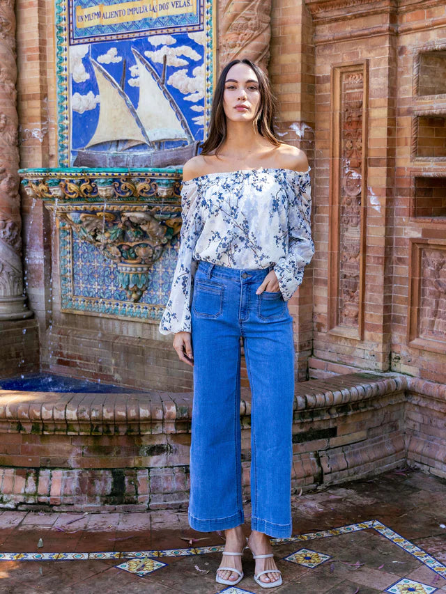 Printed Eyelet Long Ragloon Balloon Sleeve Off Shoulder Blouse