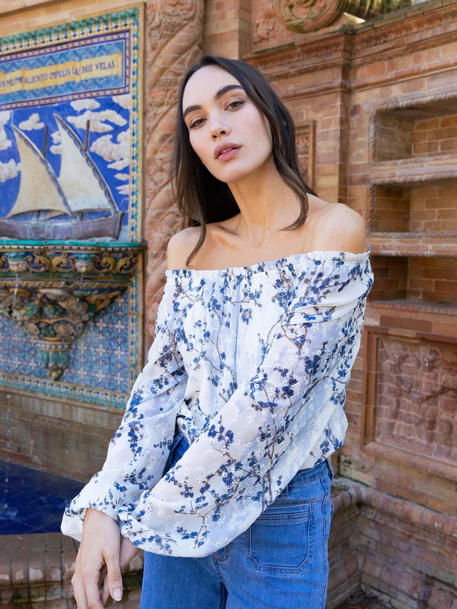 Printed Eyelet Long Ragloon Balloon Sleeve Off Shoulder Blouse