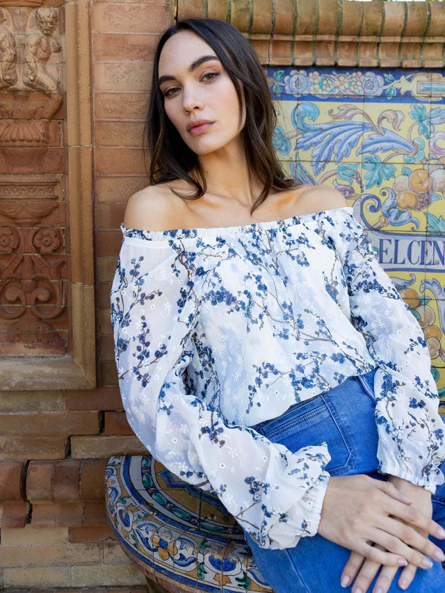 Printed Eyelet Long Ragloon Balloon Sleeve Off Shoulder Blouse