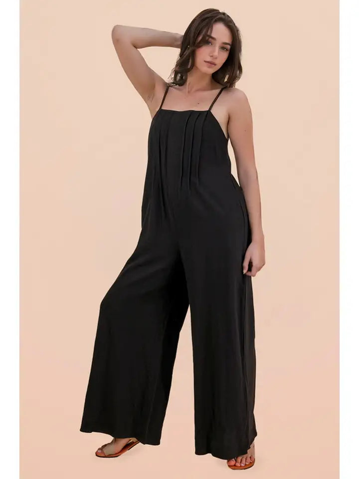 Pleated Solid Woven Sleeveless Jumpsuit in Black