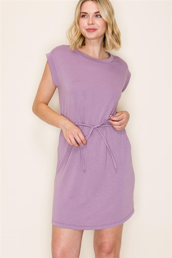 Drawstring Waist Solid Terry Dress in Dark Lavender