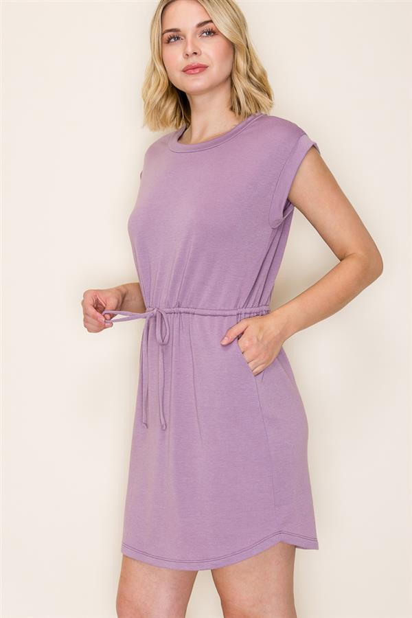 Drawstring Waist Solid Terry Dress in Dark Lavender