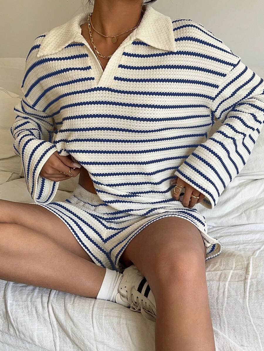 Striped Polo Lounge Set Resort Textured Collared Oversized in Apricot