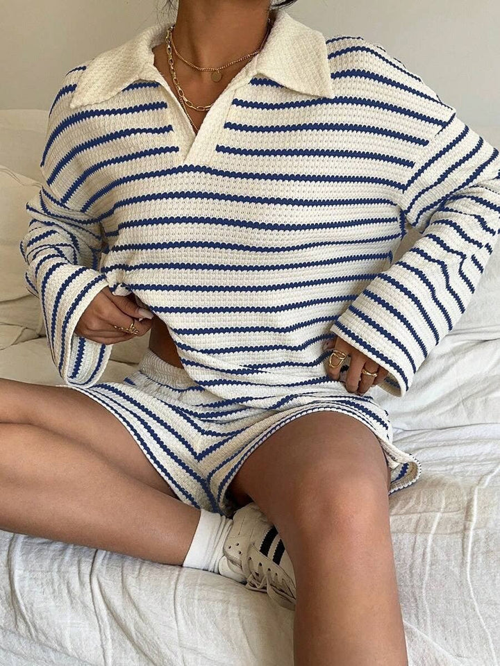 Striped Polo Lounge Set Resort Textured Collared Oversized in Apricot