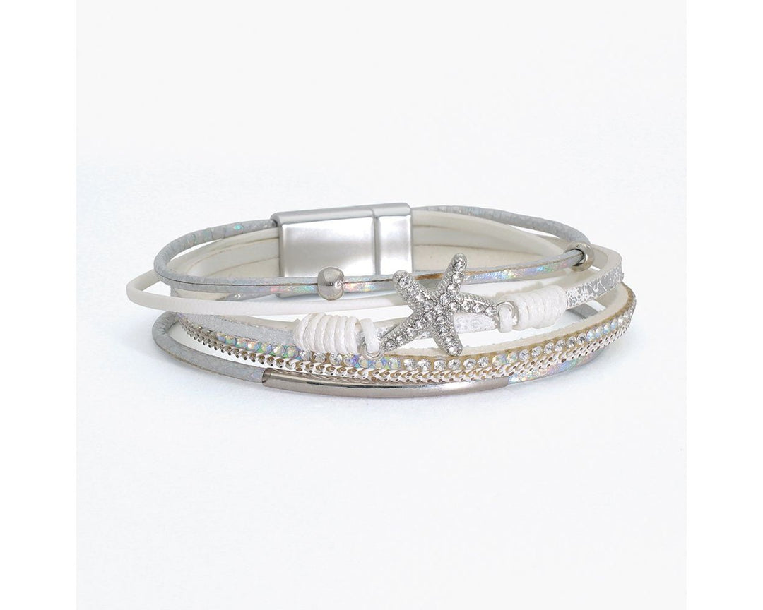 Rows of Leather, Crystal and Iridescent Bands with Beautiful Crystal Starfish Bracelet