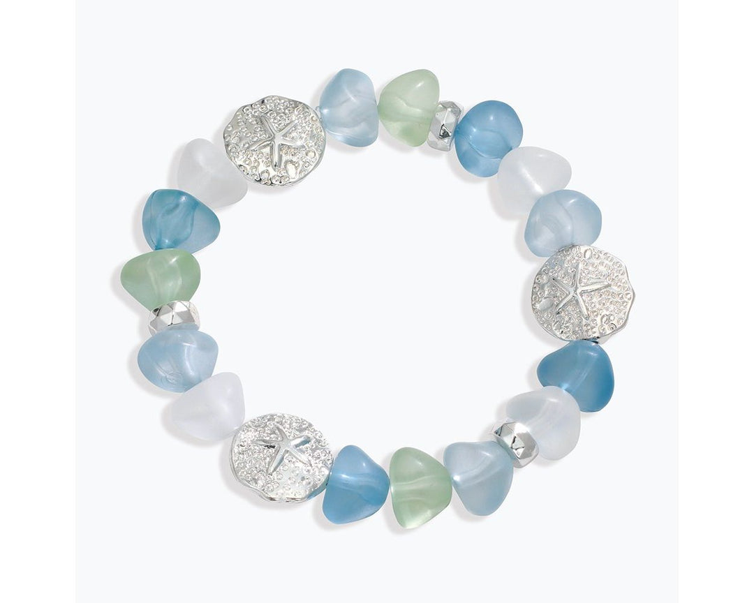 Green, Turquoise and Clear Sea Glass with Silver Sand Dollars Bracelet