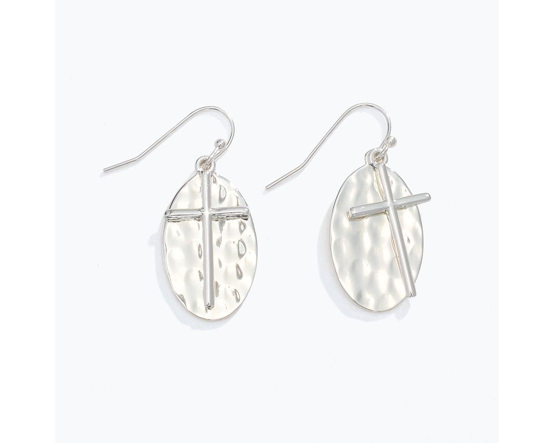 Silver Crosses over Hammered Silver Earrings
