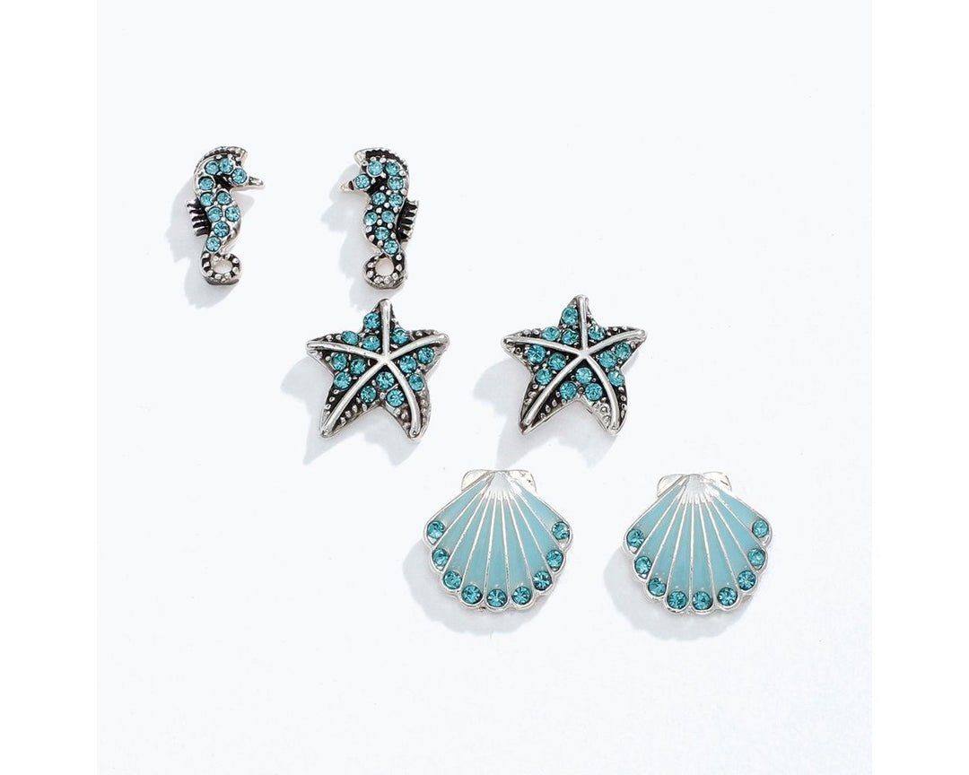 Set of 3 Silver and Aqua Sea Life with Crystals Trio Earrings