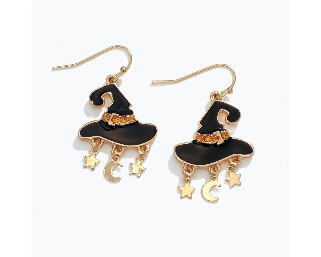 Black Witch Hat with Gold Charms Earrings