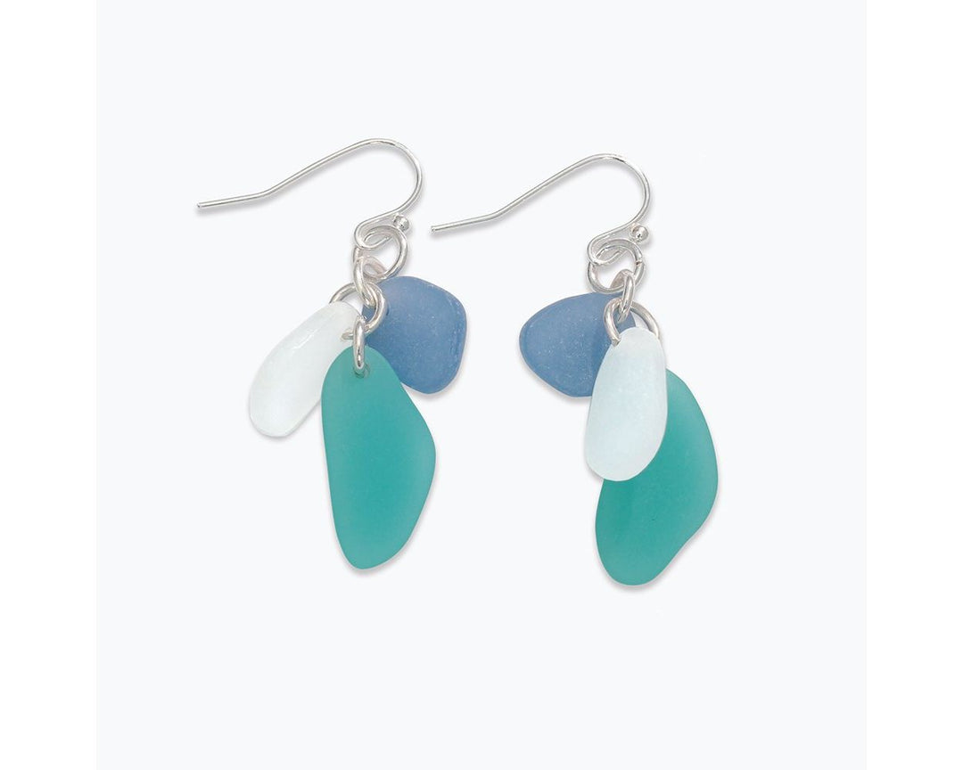 Blue, Aqua, White Sea Glass Cluster Earrings