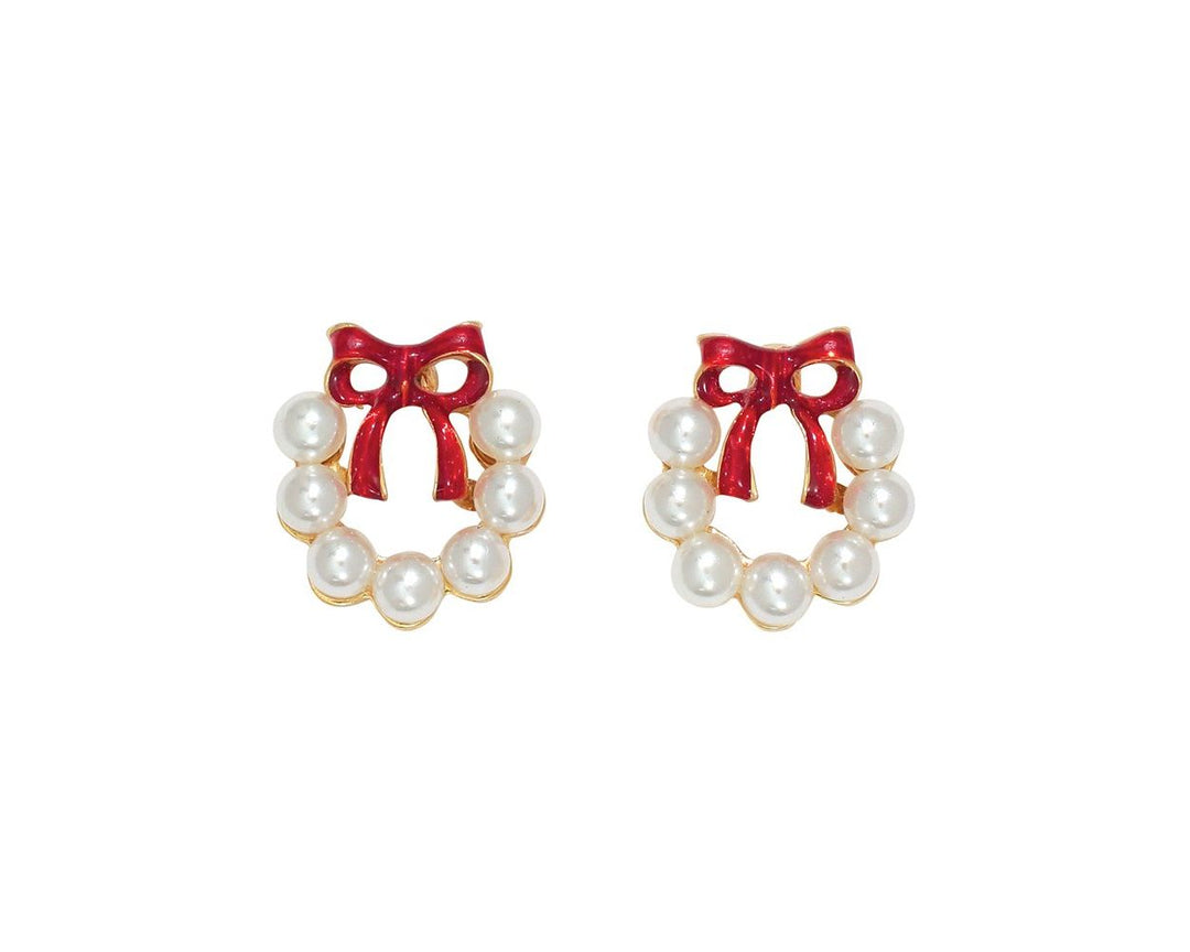 Pearl Wreath with Red Bow Earrings