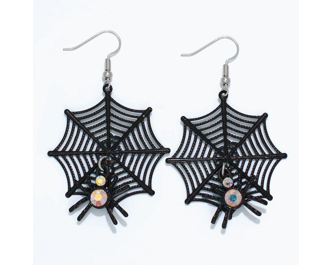 Black Spider Web with Crystals Earrings
