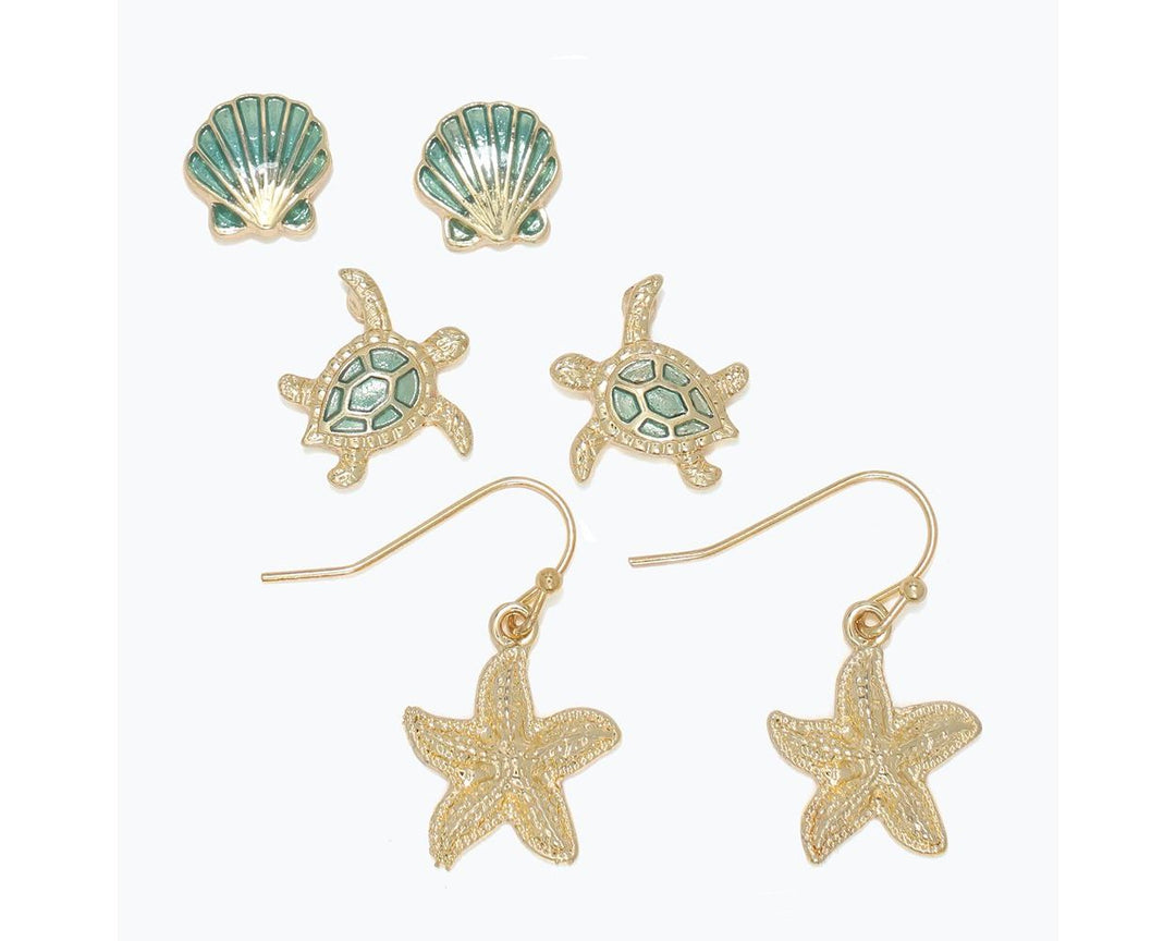 Set of 3 Green with Gold Starfish Drop Earrings